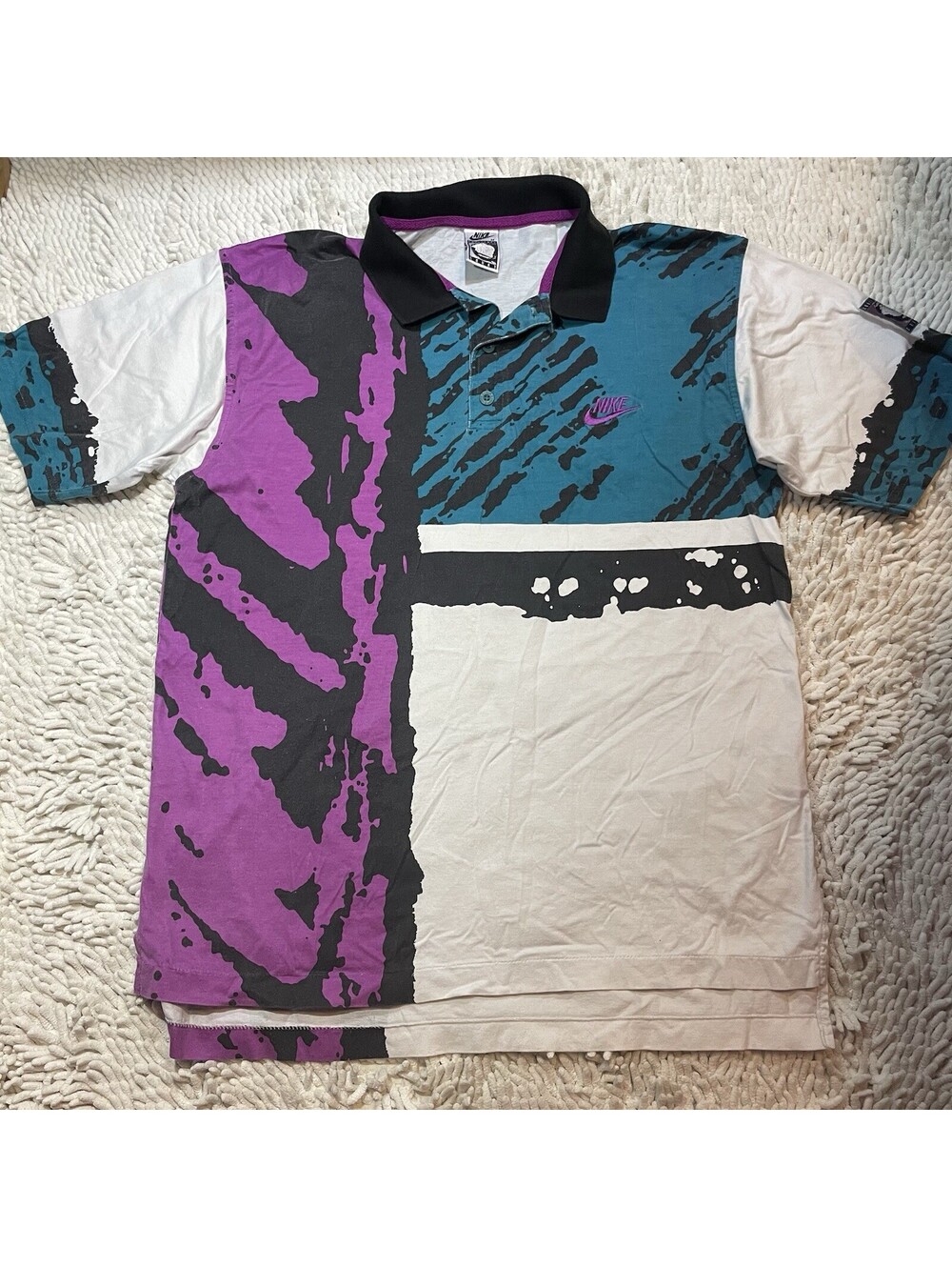 Vintage Nike Challenge Court Andre Agassi Tennis AOP Polo M Rare Purple Blue